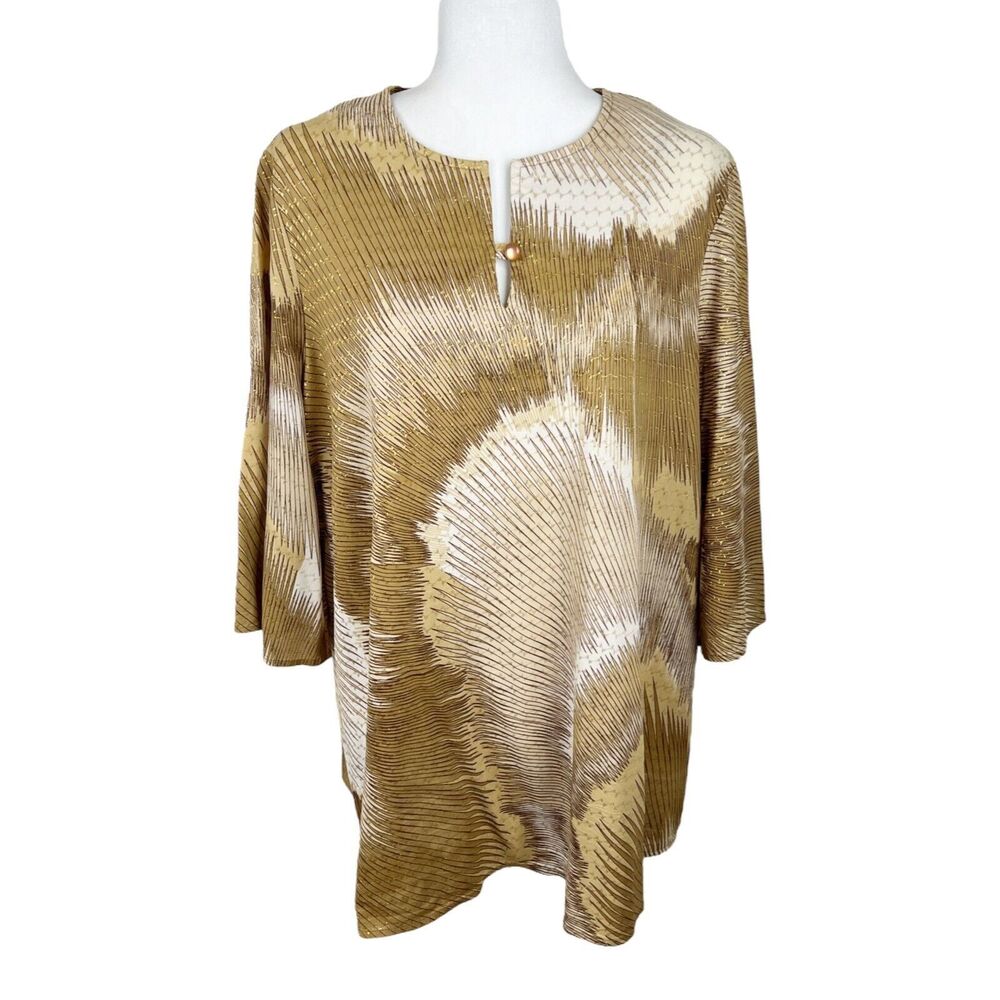 Vintage Ample Togs California Blouse Women 2XL Gold White Relaxed Bell Sleeve